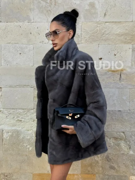 Короткая норковая шуба с английским воротником - цвет графит - фото 6