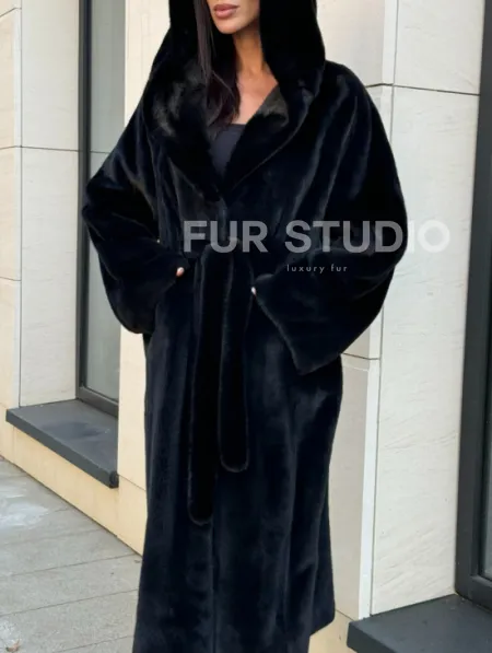 Норка кимоно BLACKGLAMA роспуск, капюшон кобра - фото 3
