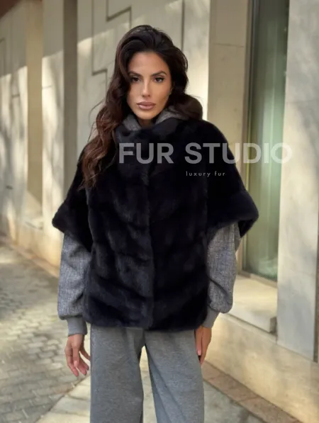 Женская меховая норковая куртка -темный графит - фото 9