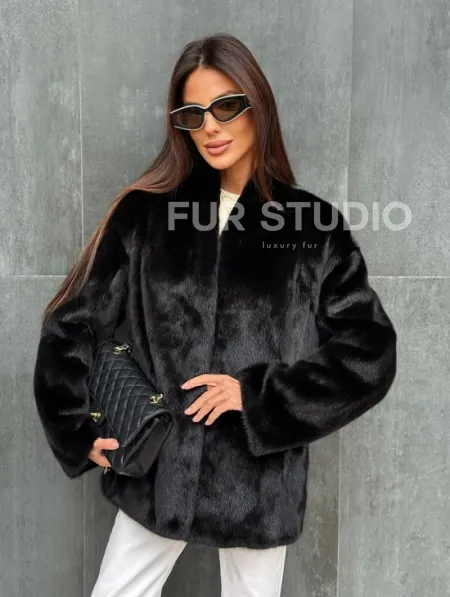 Черный норковый полушубок V-образный воротник - фото 5