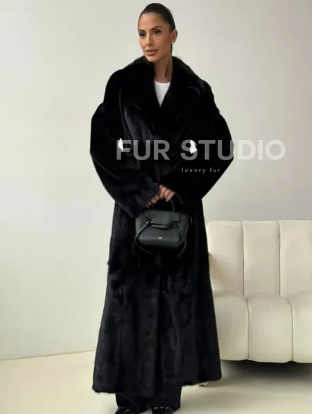 Черная норковая шуба с поясом - фото 0