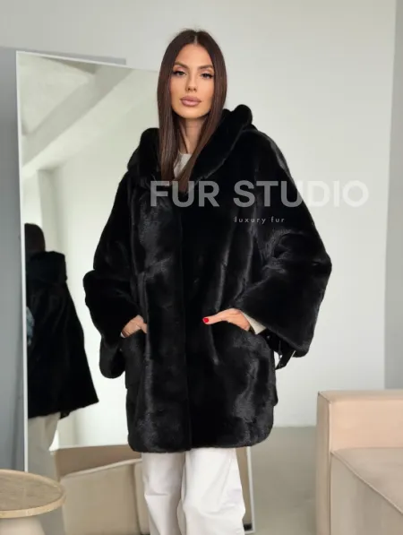 Норка шуба BLACKGLAMA паркет кимоно с капюшоном - фото 14