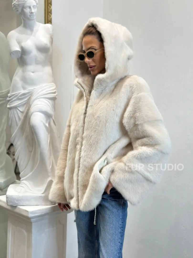 Норковая куртка с капюшоном - цвет ваниль - фото 3