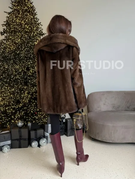 Норка автоледи с капюшоном, роспуск в цвете орех - фото 6