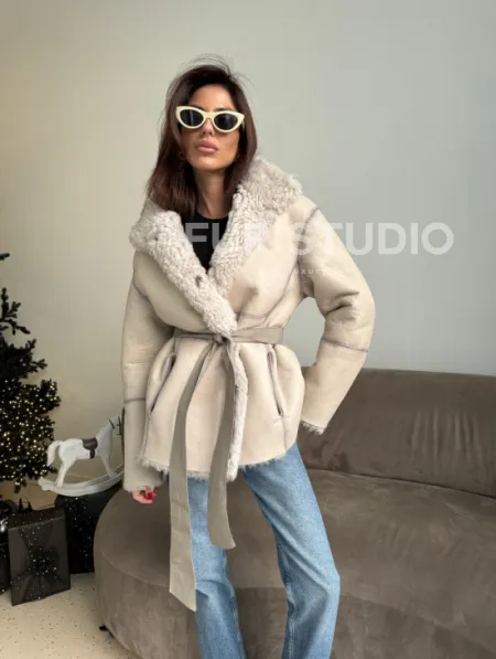 Двусторонняя дублёнка - шуба, мех тиградо английский воротник - фото 11