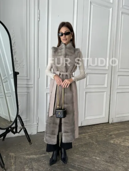 Пальто с мехом норки цвет серый - фото 5