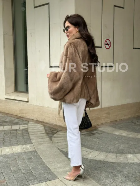 Шуба автоледи из норки цвет бежевый - фото 8