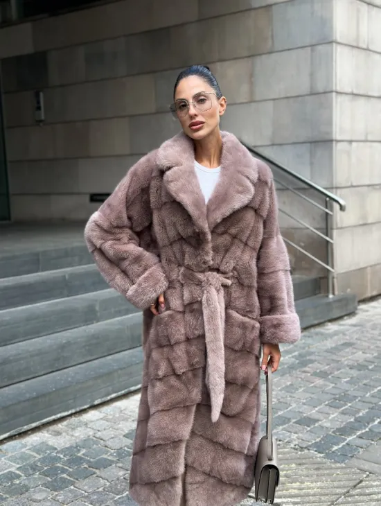 Шуба из меха норки с английским воротником - цвет пыльная роза - фото 7