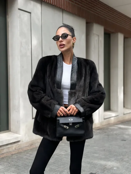 Жакет - шуба из меха норки с отделкой из кожи - графит - фото 4