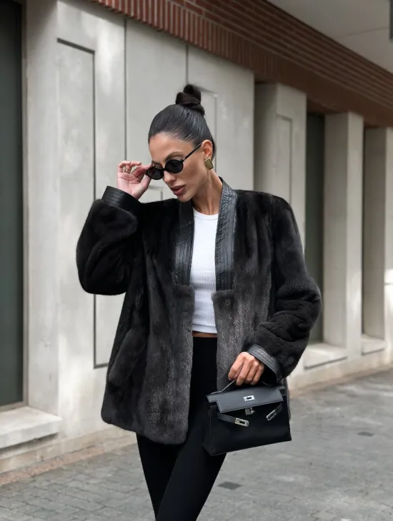 Жакет - шуба из меха норки с отделкой из кожи - графит - фото 5