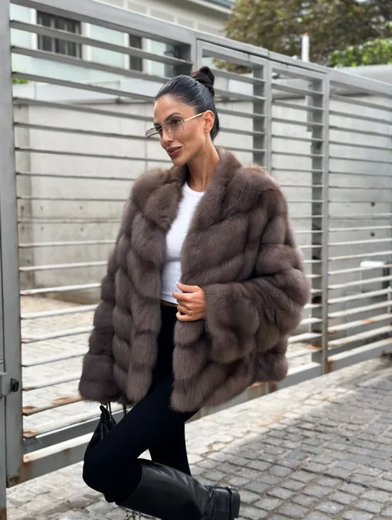 Меховой жакет - шуба из куницы цвет трюфель - фото 3