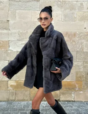 Короткая норковая шуба с английским воротником - цвет графит - фото 11