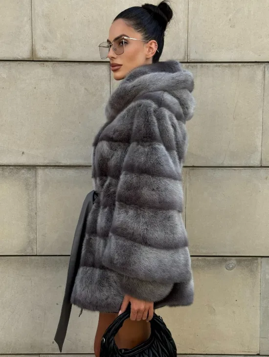 Норковая шуба с рукавом трансформер, капюшон - цвет PLATINUM (СЕРЫЙ) - фото 9