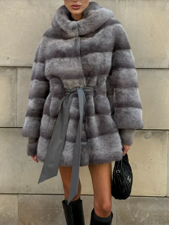 Норковая шуба с рукавом трансформер, капюшон - цвет PLATINUM (СЕРЫЙ) - фото 7
