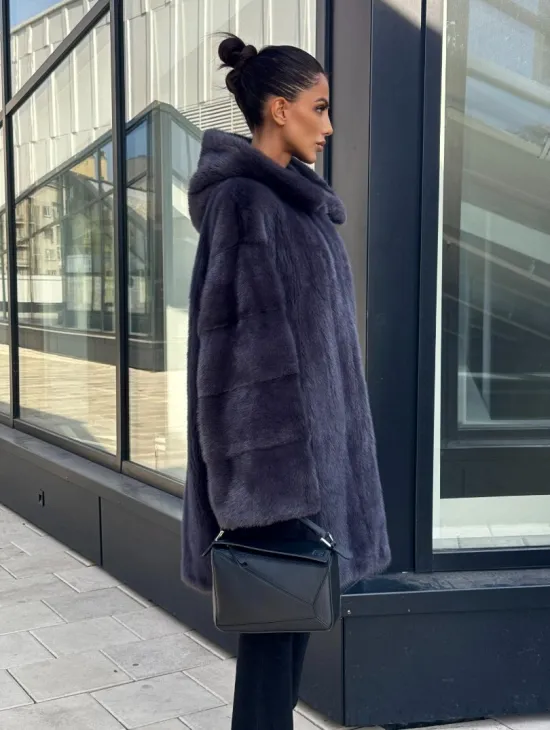 Норковая шуба с капюшоном,  роспуск - темный графит - фото 4