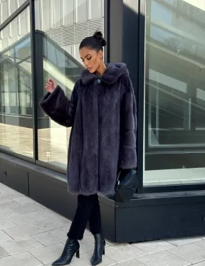 Норковая шуба с капюшоном,  роспуск - темный графит - фото 12