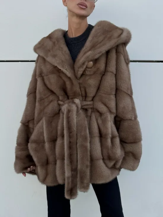 Норковая шуба автоледи с капюшоном кобра, цвет Тортор - фото 5