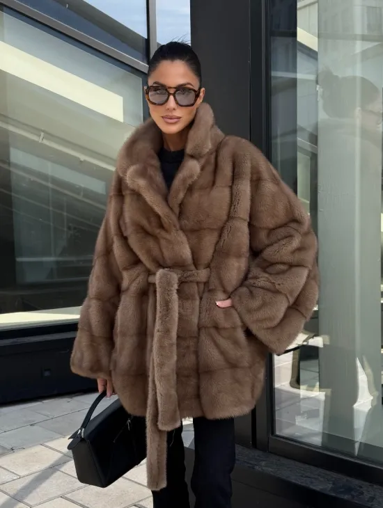 Шуба норковая летучая мышь английский воротник, оверсайз - цвет темный пастель - фото 0