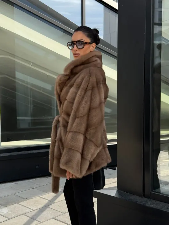 Шуба норковая летучая мышь английский воротник, оверсайз - цвет темный пастель - фото 7