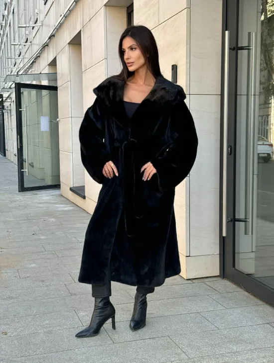 Норка кимоно BLACKGLAMA роспуск, капюшон кобра - фото 11