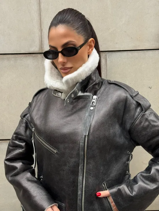 Дубленка-авиатор из натуральной овчины Dark Grey Vintage, со шнуровкой по боковому шву - фото 10