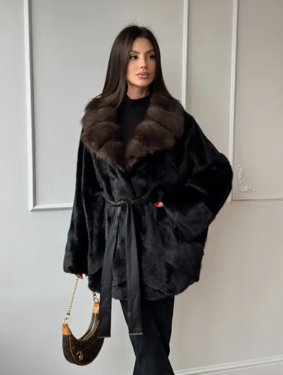 Полушубок из норки Black с воротником из меха темной куницы - фото 8