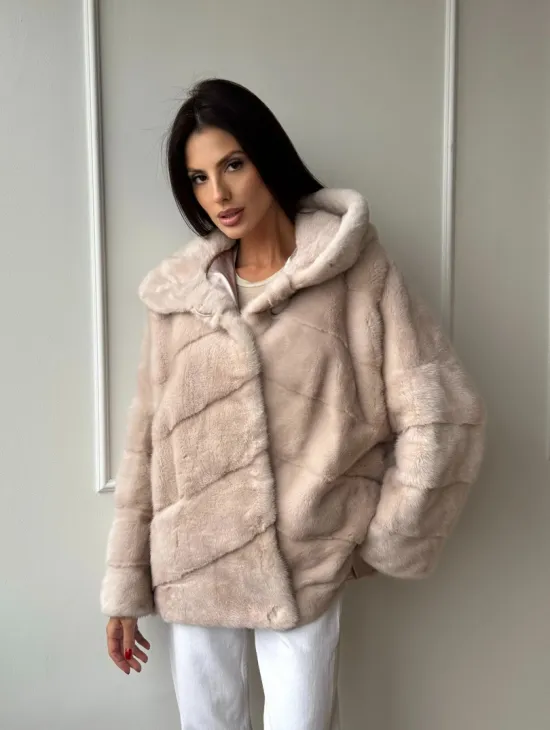 Меховая куртка - шуба из меха норки с капюшоном в цвете пудра - фото 8