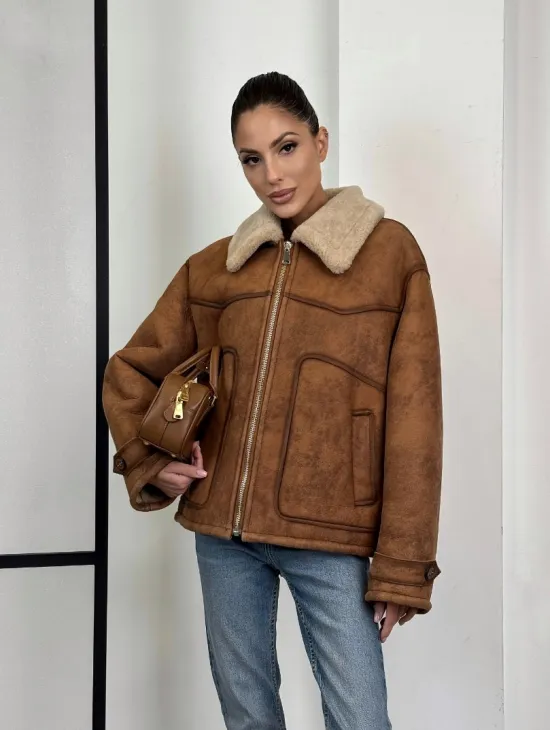 Зимняя короткая кожаная куртка из мериноса в стиле “Vintage” - фото 14