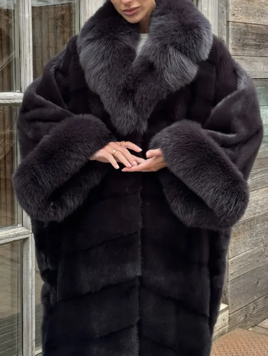Женская норковая шуба в стиле «Бохо» с отделкой на воротнике и рукавах из меха песца - фото 2