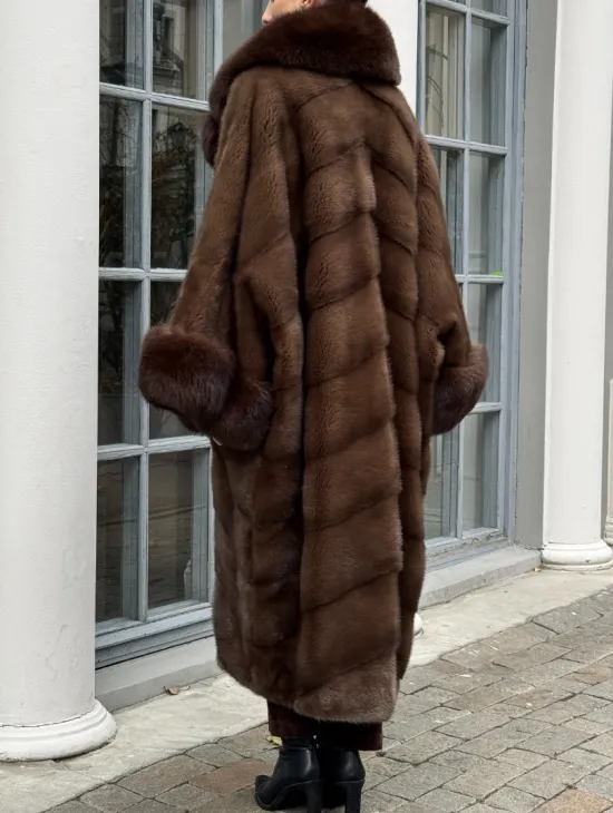 Норковая шуба пальто стиль «Бохо» с воротником и рукавами из меха песца - цвет орех - фото 5