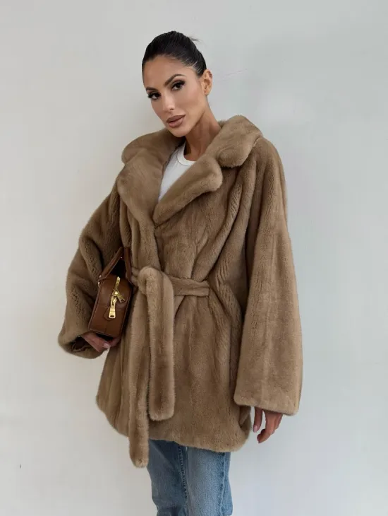 Шуба норковая SAGA FURS летучая мышь в натуральном цвете пастель - фото 8