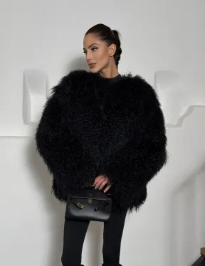 Черная шуба из меха ламы воротник шанель - фото 11