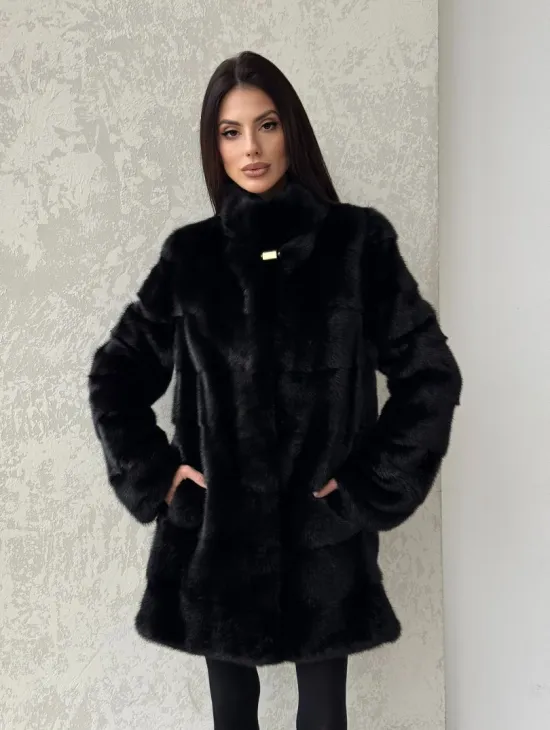 Норковая шуба средней длины стойка воротник - цвет черный - фото 8