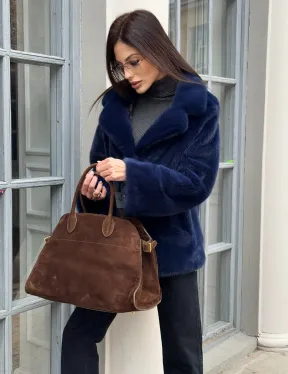 Синий норковый полушубок с английским воротником - фото 2