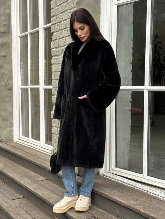Шуба из норки Black в классической выкладке с воротником стойка-шаль - фото 6