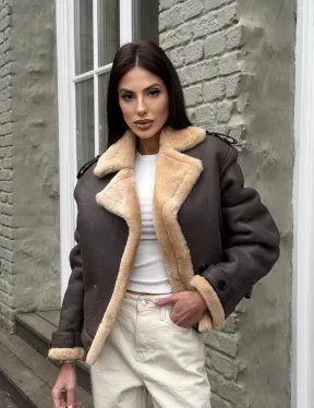 Кроп - дубленка двубортная Dark brown на пуговицах - фото 12