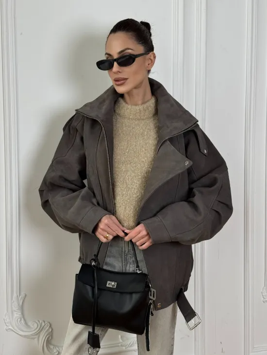 Современная куртка - бомбер из винтажной кожи Gray с двойным воротником - фото 3