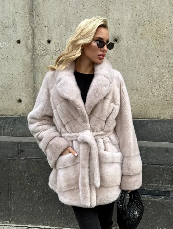 Светлый норковый полушубок PREMIUM FUR с английским воротником - фото 8