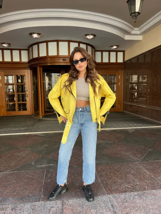 Желтая косуха из натуральной кожи - фото 1