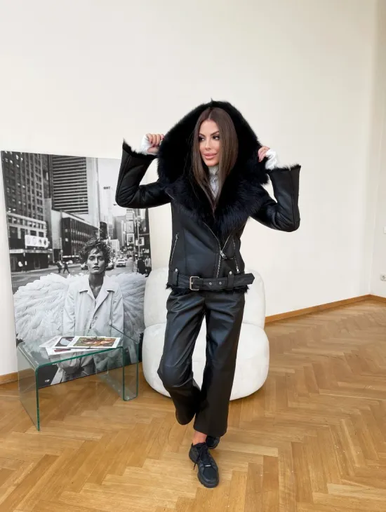 Стильная дубленка с капюшоном из овчины тоскана - фото 4