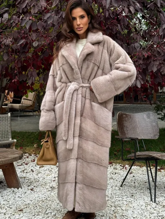 Длинная норковая шуба с поясом - фото 4