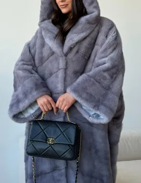 Голубая норковая шуба с капюшоном oversize - фото 2