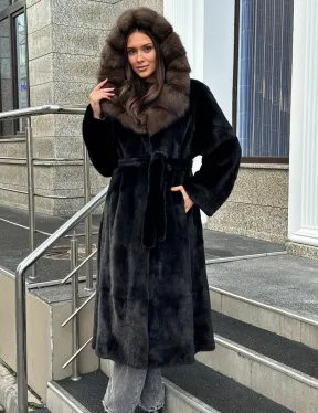 Черная норковая шуба с капюшоном куница - фото 5
