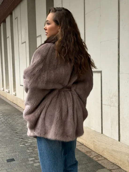 Норковая шуба летучка - воротник куница - фото 8