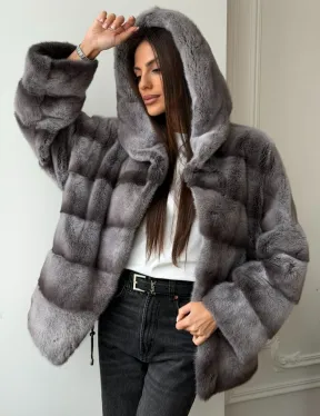 Норковый полушубок с капюшоном - цвет Platinum - фото 10