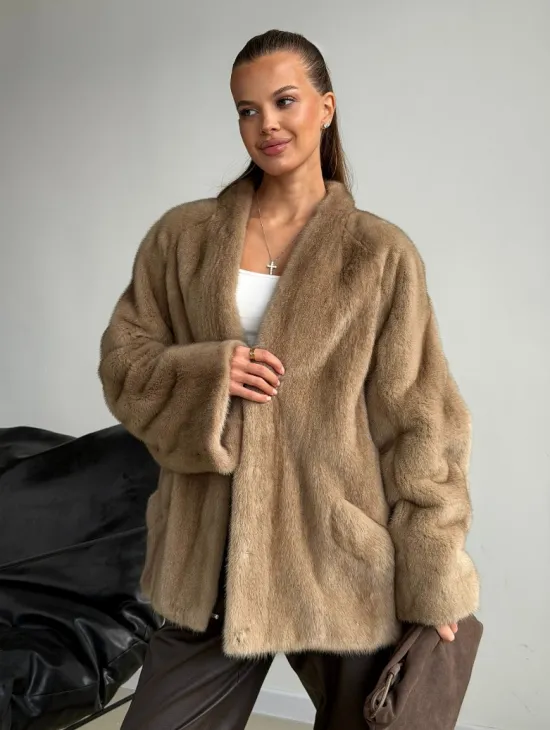 Норковый полушубок V-образный воротник - фото 7