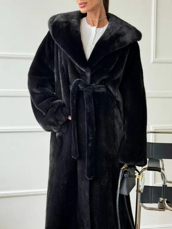 Шуба из норки BLACKGLAMA  с капюшоном в роспуск - фото 2