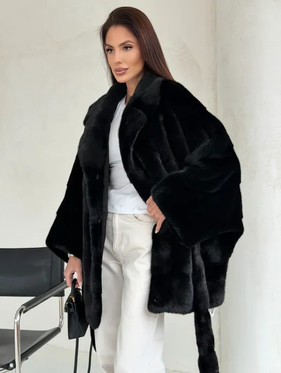 Черная норковая шуба - летучая мышь - фото 3