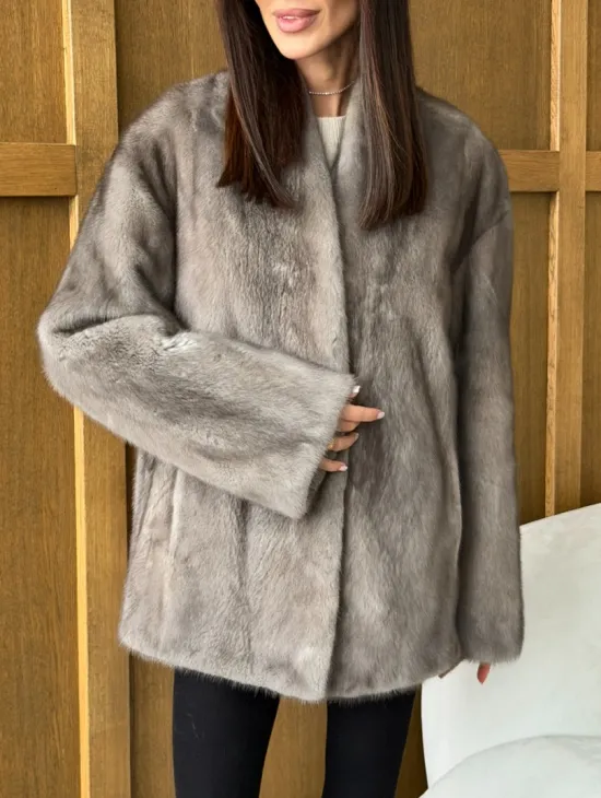 Норковый жакет в натуральном сером цвете - фото 1