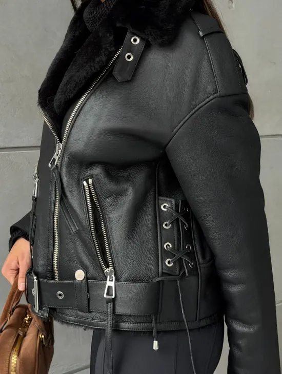 Черная короткая дубленка авиатор - фото 3